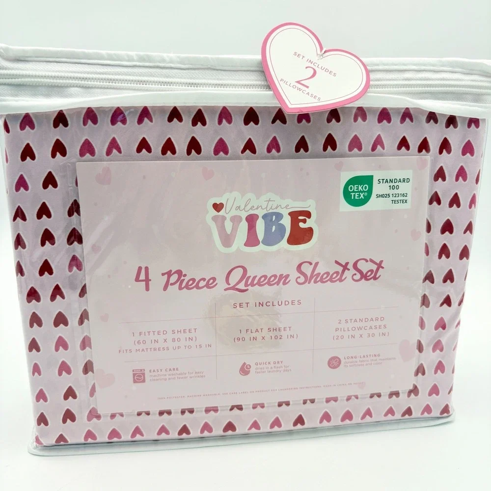 Valentine Vibe Queen‎ 4 Piece Sheet Set Pink Red Hearts Super Soft